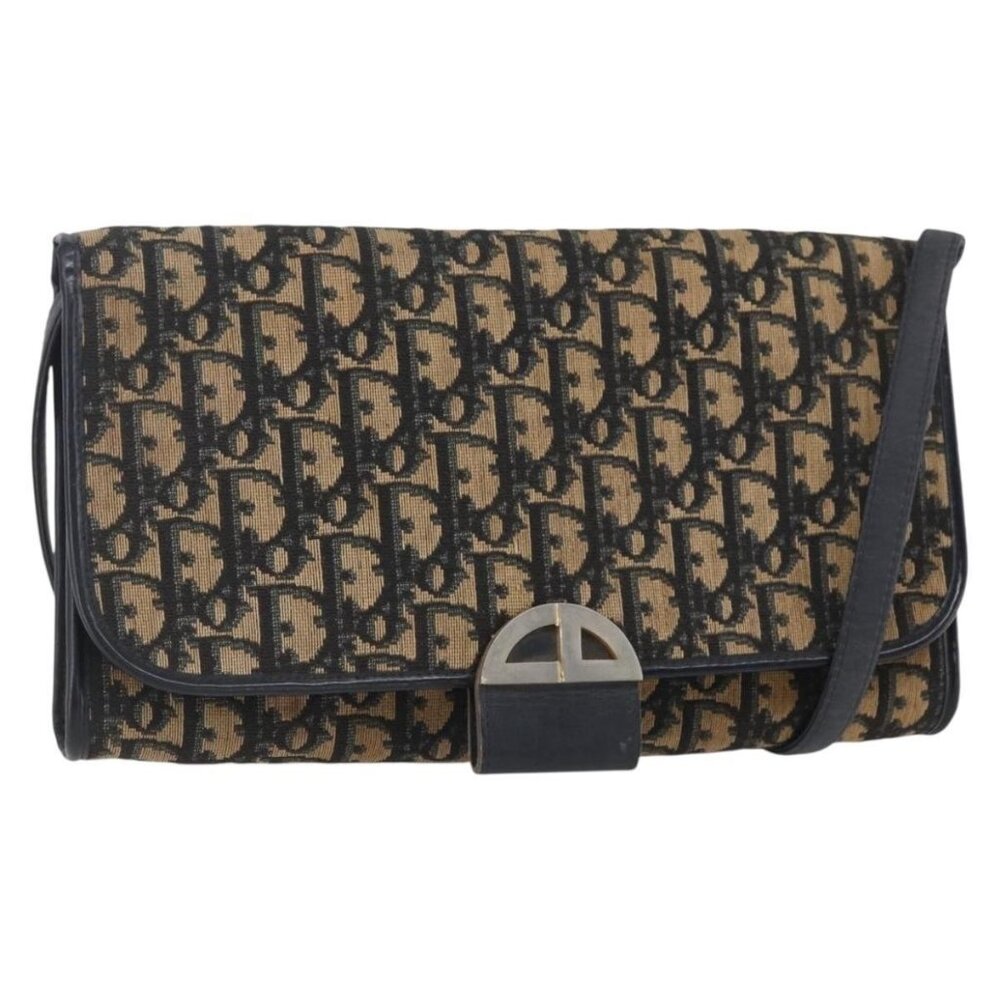 Authentic Christian Dior Trotter Canvas Shoulder Bag Navy Gold